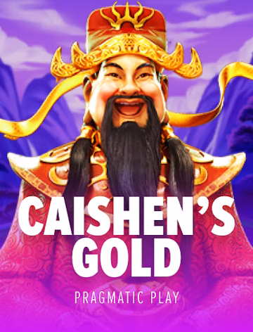 Dieu chinois de la richesse souriant en robe rouge et coiffe dorée devant des montagnes violettes, visuel du jeu Caishen's Gold de Pragmatic Play
